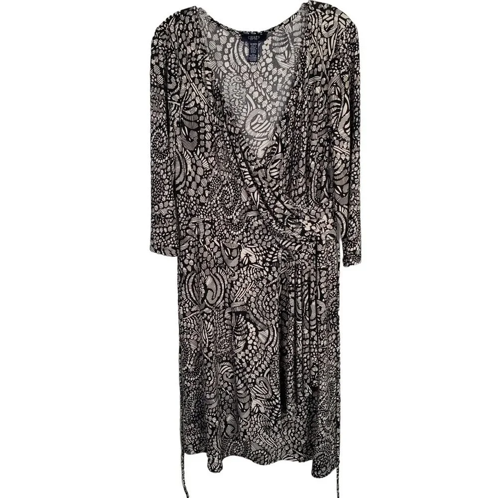 Chaps NWT Size XL Dress Jersey Knit Midi Stretch Faux Wrap Belt Abstract Black - Picture 2 of 12